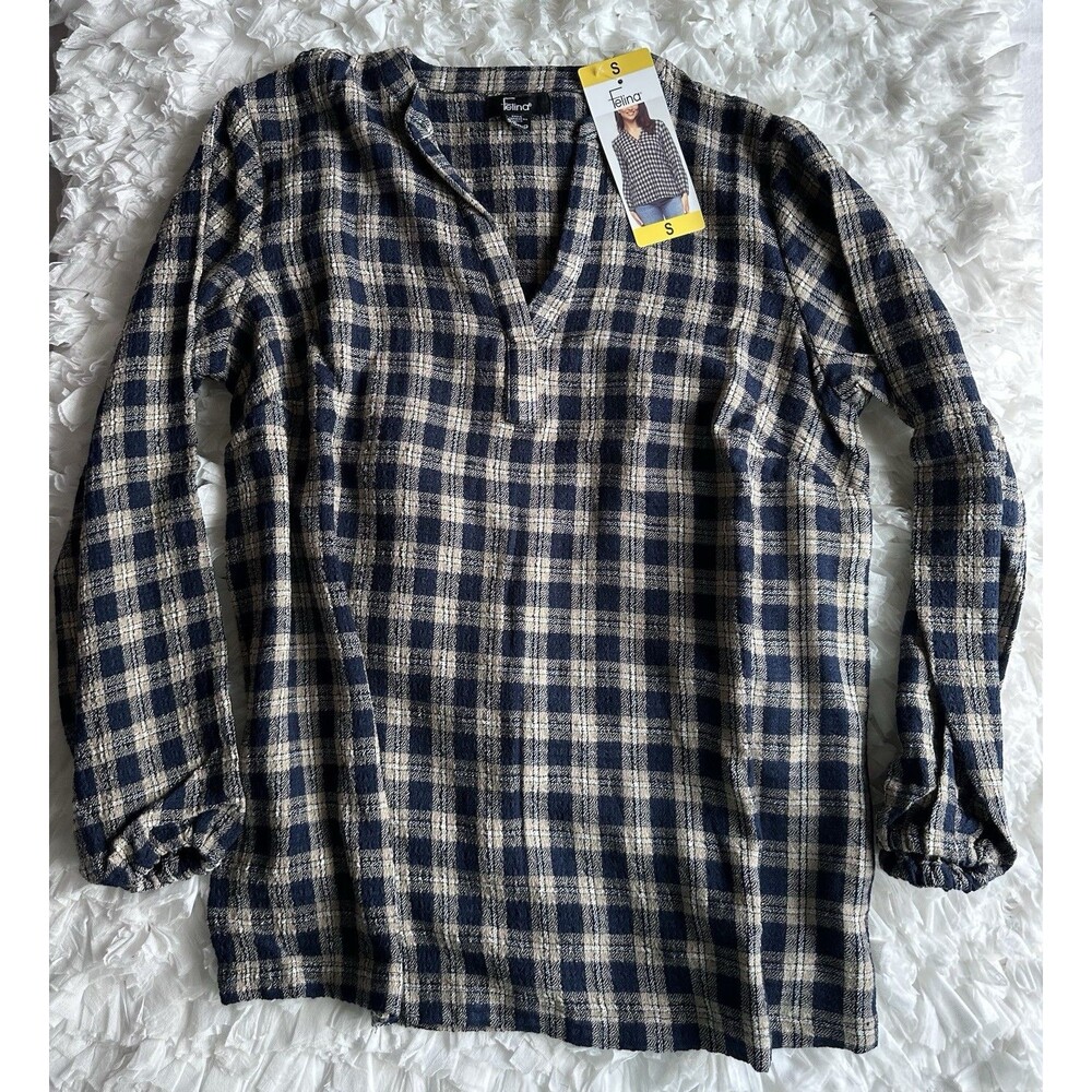 Felina Navy Beige Plaid V-Neck Long Sleeve Blouse Woven Pullover Size S